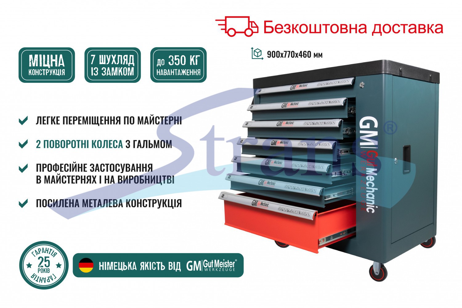 ШАФА-ВІЗОК ДЛЯ ІНСТРУМЕНТІВ GUT MECHANIC 7 ШУХЛЯД 900*770*460MM TTS00770
