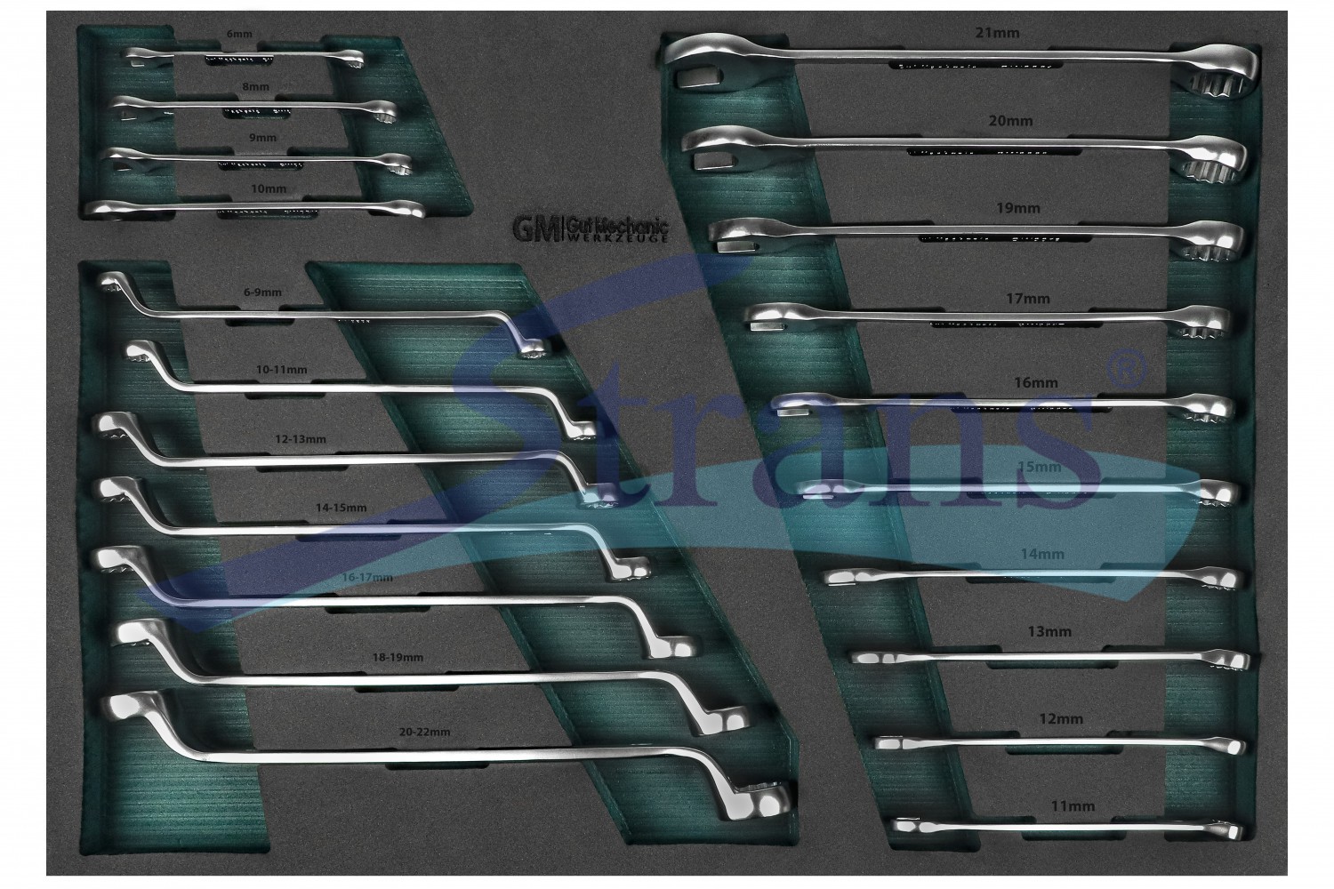 НАБІР КЛЮЧІВ НАКИДНИХ ТА РОЖКОВО-НАКИДНИХ В ЛОЖЕМЕНТІ GUT MECHANIC 21ШТ WTS10021